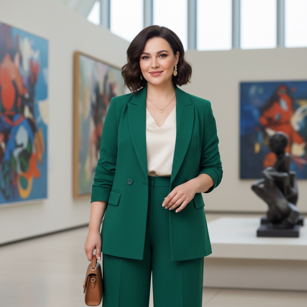 Una mujer de mediana edad con un traje verde y un bolso marrón está de pie en una galería de arte con cuadros abstractos al fondo.