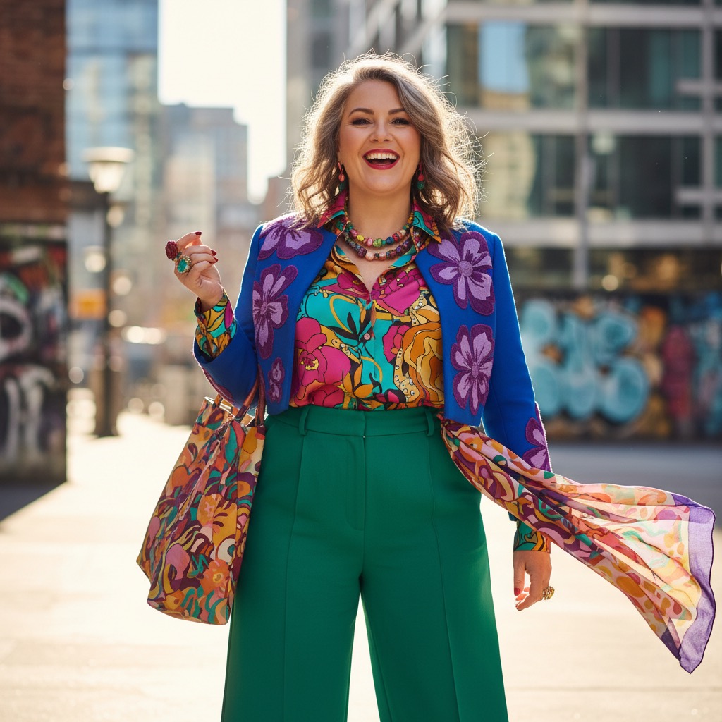 Una mujer sonriente vestida con ropa colorida y alegre posa en una calle urbana.